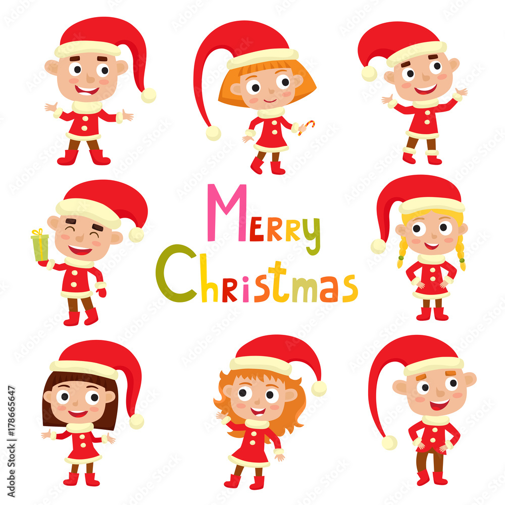 Set of cute little Christmas girls and boys elf in red costume smiling, vector illustration with text - merry Christmas, isolated on white used for magazine or book, poster and card, web pages. Set of cute little Christmas girls and boys elf in red costume smiling, vector illustration with text - merry Christmas, isolated on white used for magazine or book, poster and card, web pages.
