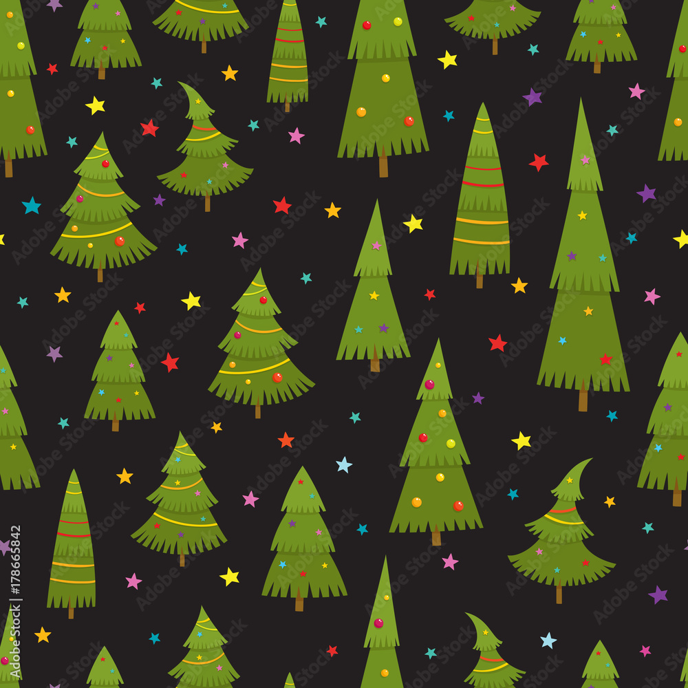 Seamless pattern with christmas tree in cartoon style, vector illustration on black background. Seamless pattern with christmas tree in cartoon style, vector illustration on black background.