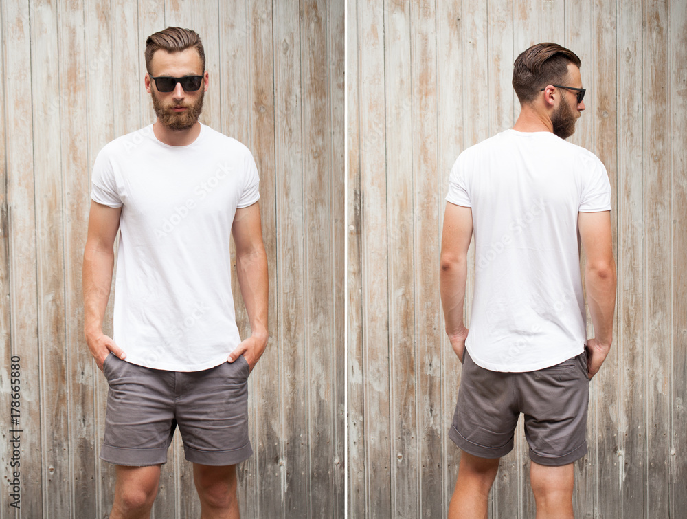 Front and back view of a hipster handsome male model with beard wearing ...