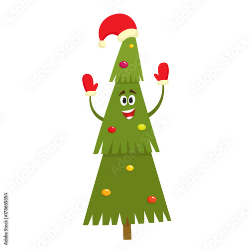 Christmas tree character in cartoon style, vector illustration.