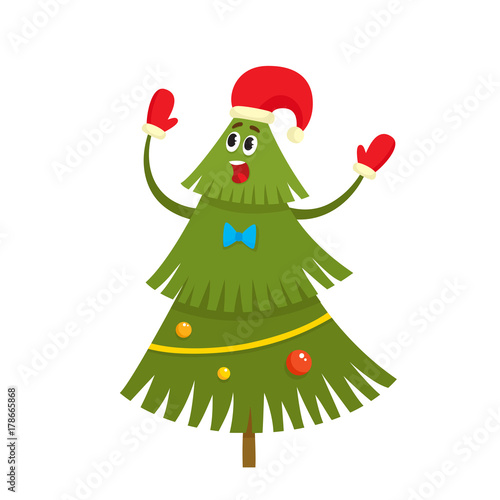Christmas tree character with red hat and mittens in cartoon style, vector illustration.