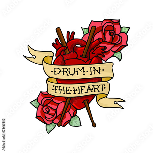 Vector illustration "Drum in the Heart" with human heart, drumsticks and roses. T-shirt design. Isolated on white background.