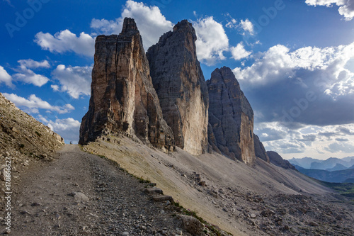 Track around Tre Cime di Lavaredo at sunset