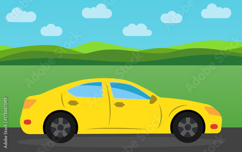 Yellow sports car in the background of nature landscape in the daytime. Vector illustration. 