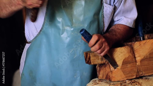 Luthier maker workshop and classical music instruments making musical instruments - tar - national Azerbaijani musical instrument.  Testing and crafting old musical instrument. Luthier work. photo