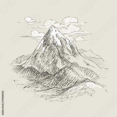 Pencil sketch mountain peaks. Detailed illustration in vintage style. Vector design.