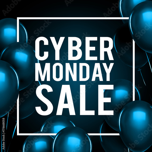 Cyber monday sale gold lettering. Holiday shopping. Blue background. Vector illustration. Blue balloons.
