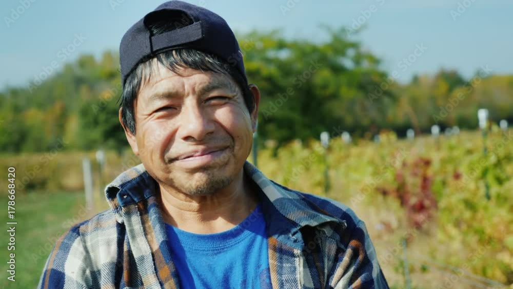 Portrait of a Mexican working farmer. Standing on the field, looking at ...