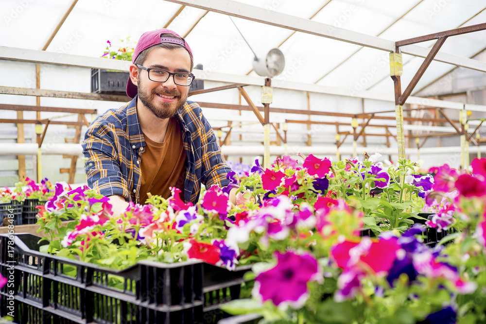 Man working in a greenhouse Man working in a greenhouse