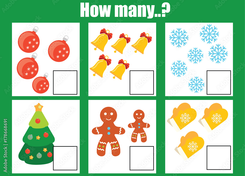 Fototapeta premium Counting educational children game, kids activity worksheet. How many objects task. christmas, winter holidays theme