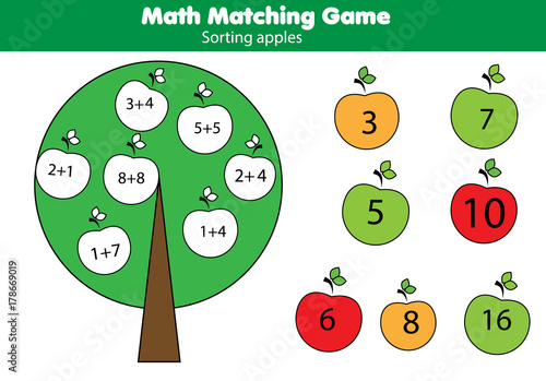 Math educational game for children. Matching mathematics activity. Counting game for kids, addition