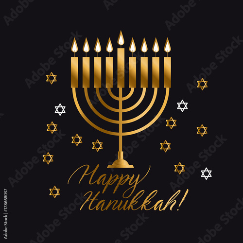 Jewish holiday Hanukkah with gold menorah (traditional Candelabra) vector illustration on black background