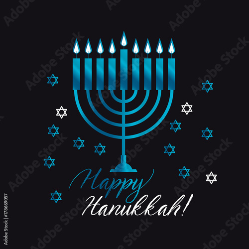 Jewish holiday Hanukkah with blue menorah (traditional Candelabra) vector illustration on black background