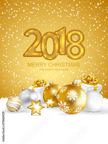 2018 Merry Christmas and Happy New Year card with christmas balls and gift boxes on snow. Gold text design. Vector illustration.