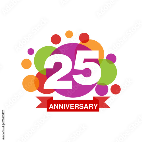 25th anniversary colored logo design, happy holiday festive celebration emblem with ribbon vector Illustration
