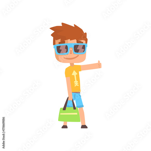 Young male hitchhiker traveling with bag, guy trying to stop a car on a highway by hand, travelling by autostop cartoon vector Illustration
