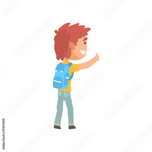 Cartoon male traveler hitchhiker with backpack, man trying to stop a car on a highway by hand, travelling by autostop vector Illustration