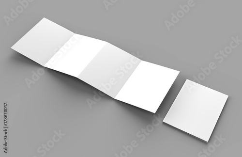 Accordion fold brochure, eight pages four panel leaflet, concertina fold. blank white 3d render illustration. photo