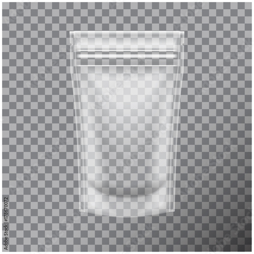 Transparent Foil Food or Cosmetic Pack Pouch Sachet Bag Packaging with Zipper. Vector Isolated Mock up template