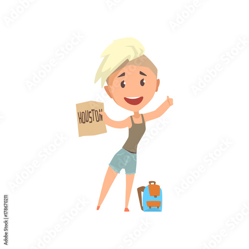 Cartoon traveler girl hitchhiker holding banner with the inscription Houston, woman trying to stop a car on a highway, travelling by autostop vector Illustration