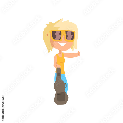 Cartoon female traveler hitchhiker with guitar, girl trying to stop a car on a highway by hand, travelling by autostop vector Illustration
