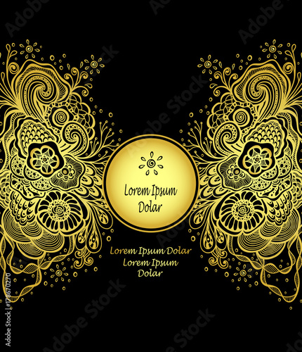 Template with Beautiful abstract marine flowers bouquet in gold on black