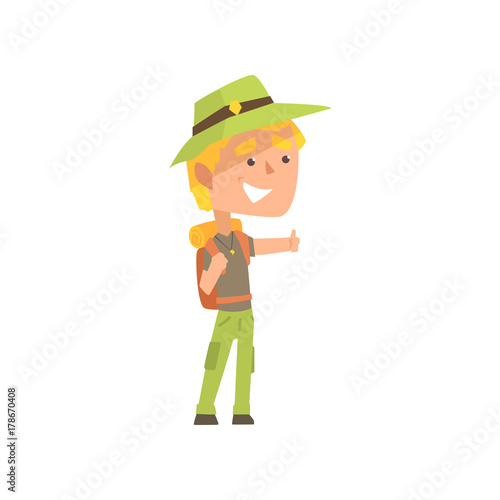 Cartoon male traveler hitchhiker with hat and backpack, man trying to stop a car on a highway by hand, travelling by autostop vector Illustration