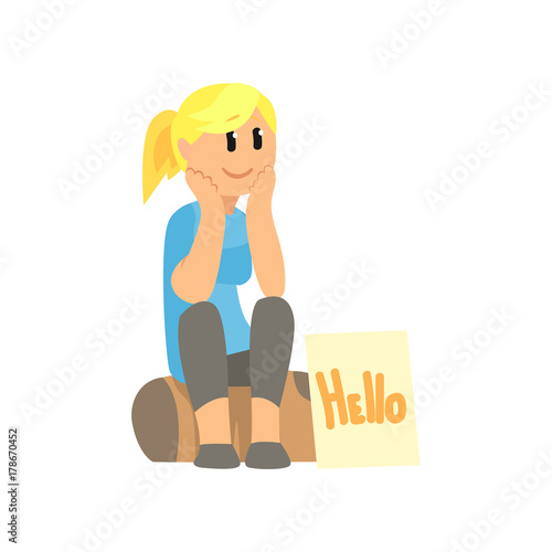 Cartoon female traveler hitchhiker, girl trying to stop a car while sitting on a highway with banner, travelling by autostop vector Illustration