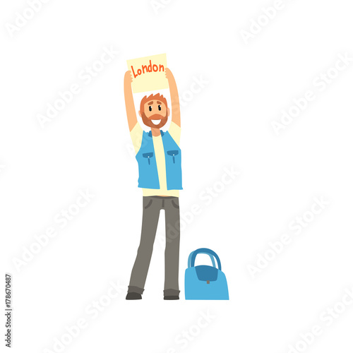 Cartoon traveler man hitchhiker holding banner with the inscription London, man trying to stop a car on a highway, travelling by autostop vector Illustration