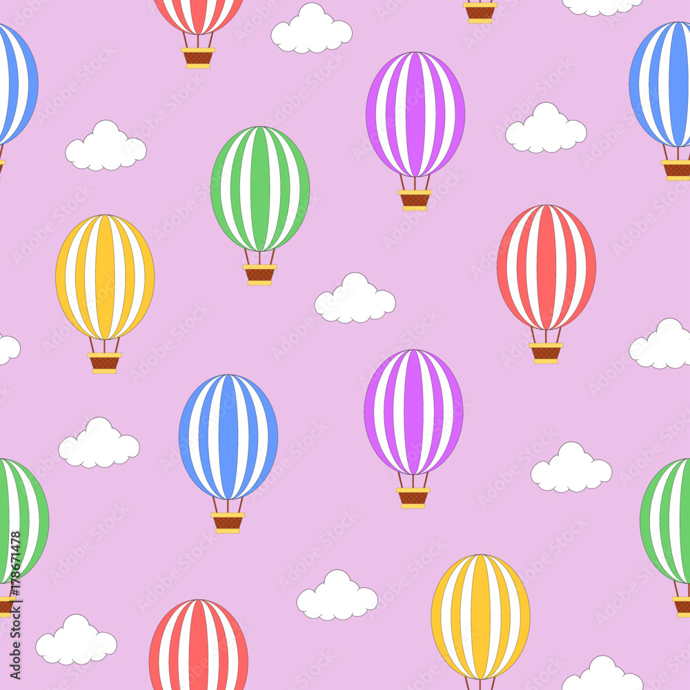 Seamless hot air balloon pattern with pink background