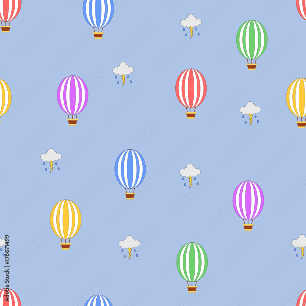 Seamless hot air balloon pattern with stormy clouds