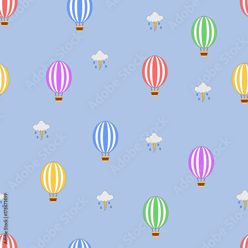 Seamless hot air balloon pattern with stormy clouds