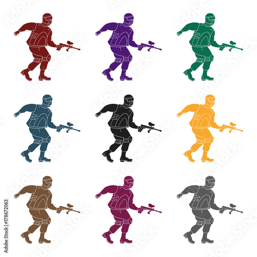 Paintball player icon in black style isolated on white background. Paintball symbol stock vector illustration.