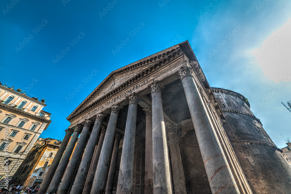 Colonnade in Pantheon facade seen from below