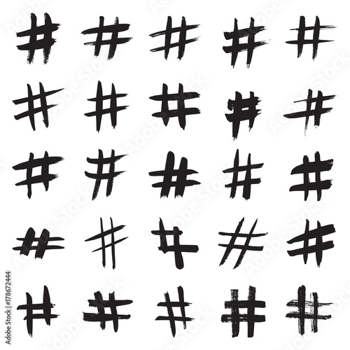 Hashtag signs. Number sign, hash, or pound sign. Collection of 25 black hand painted signs isolated on a white background. Vector illustration