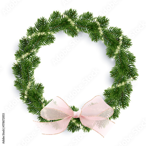 Christmas fir-tree wreath with glowing lights and pink bow. Golden shining sparks. White background. Realistic illustration. Vector EPS10.
