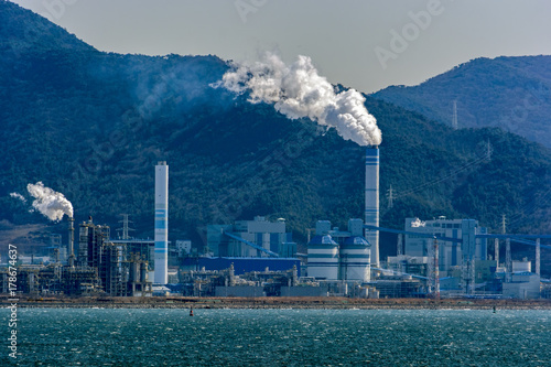 Industrial landscape in South Korea in Gwangyang Bay photo