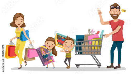 Family shopping in Holiday. Happy family with shopping. Father  mother  son  daughter. Big discount. Purchasing of goods  gifts  Toys   Vector illustration 