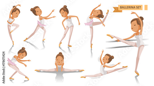 Ballet of Ballerina. beautiful ballerina is posing  dancing many port. beauty of a classical ballet art. Young Girl  Full Body cartoon set. Isolated on white background. vector illustration