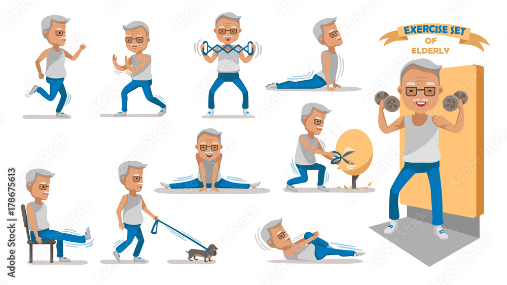 Elderly Exercise Senior exercise of male. exercising character design set. at home with a simple daily routine. Concept of health care people in the elderly.  Elderly man of Full Body cartoon set.