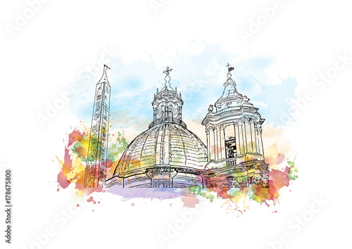Wall Mural Watercolor sketch with color splash of Piazza Navona is a square in Rome, Italy