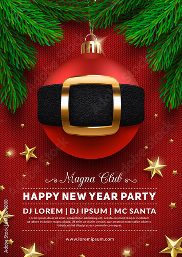 Christmas party poster design. 3d christmas ball with Santa's belt. Creative winter holidays background. Eps10 vector