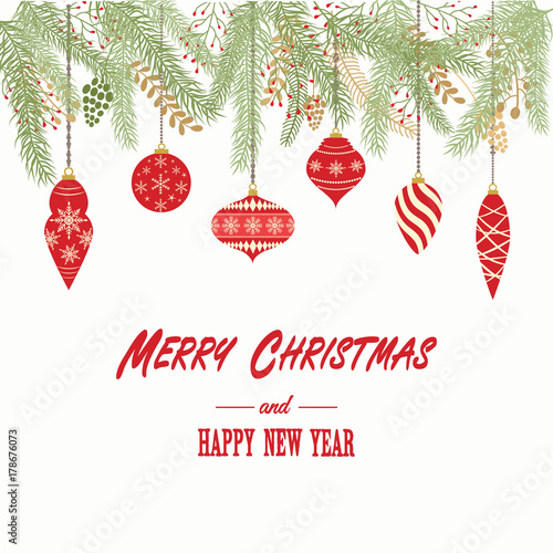 Merry Christmas And Happy New Year Card.Christmas Invitation.Greeting Card with Christmas Ornaments Decorations.