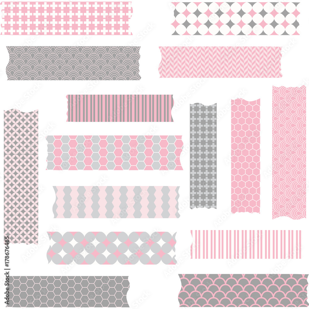 Washi Tape Scrapbook Patterns,Pink and Grey. Stock Vector