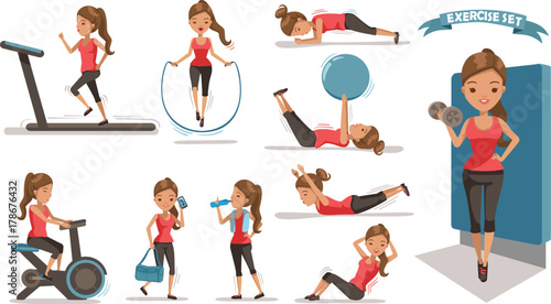 Exercise woman Health female are exercising character design set. Cute girl  Full Body cartoon set. Isolated on white background. vector illustration