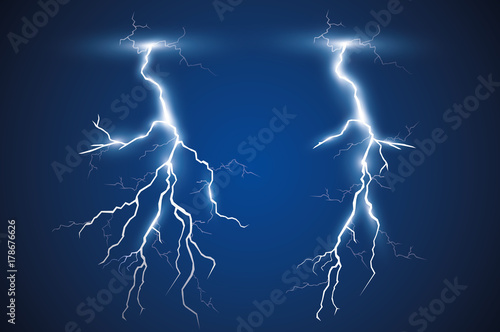 Set of lightnings. Thunder-storm and lightnings. Magic and bright lighting effects. 