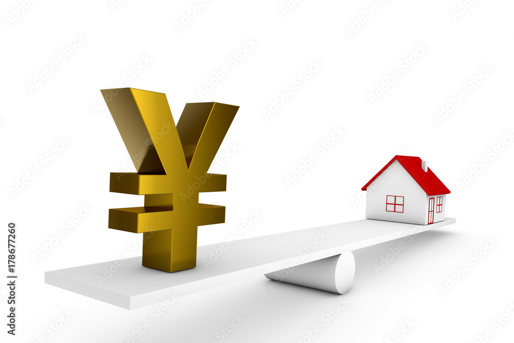 3d illustration balance of house and currency 3d illustration balance of house and currency
