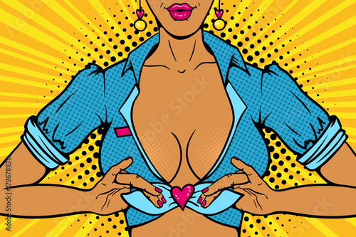 Closeup of young sexy woman with big chest tying a shirt into a knot in the form of heart. Vector bright illustration in retro comic pop art style. Party invitation poster.