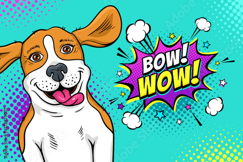 Pop art dog face. Funny happy surprised dog beagle with open mouth with tongue and flying ears and Bow! Wow! speech bubble. Vector illustration in retro comic style. Party invitation poster.