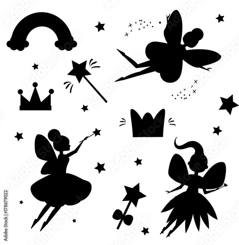 Flying fairies silhouettes isolated on white background. Magical features of fairy world. Isolated elements for stickers, scrapbook